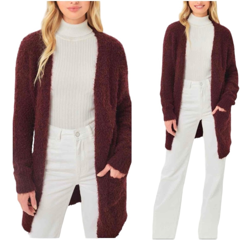 BURGUNDY CHUNKY KNIT OPEN LONG CARDIGAN